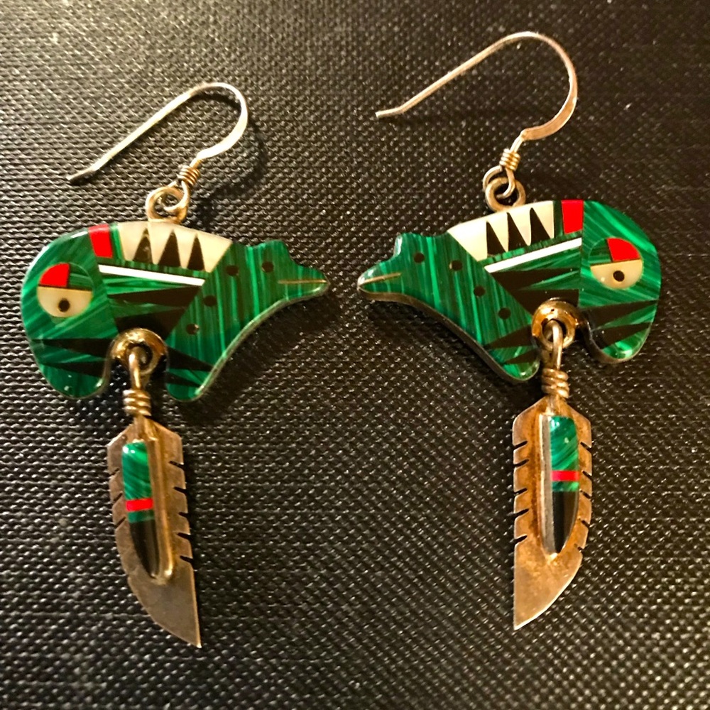 Vintage Sterling Silver Inlay Bear Earrings